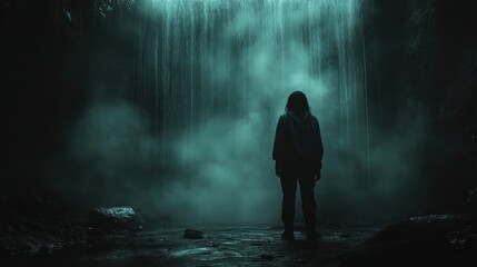 Fototapeta premium Mysterious Figure Silhouetted Before a Waterfall at Night