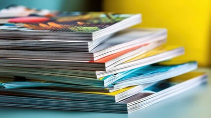 Stack of colorful magazines sits neatly on a surface.