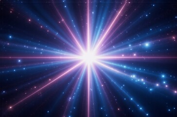Fototapeta premium A vibrant, radiant star bursts forth, emitting glowing pink and blue rays across a dark, starry expanse. The light beams create a dynamic, cosmic effect.