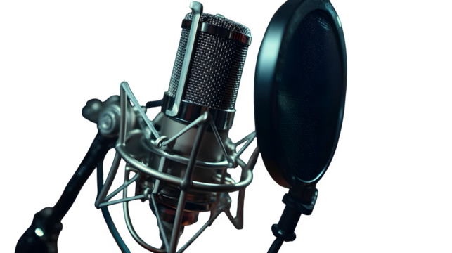 A high-end microphone with pop filter displayed in a blacked-out studio --ar 16:9 --v 7.0