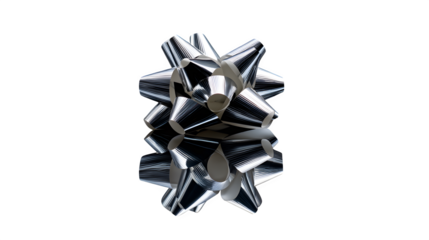 A silver metallic gift bow placed on a reflective black surface, ideal for luxury product photography --ar 16:9 --v 7.0