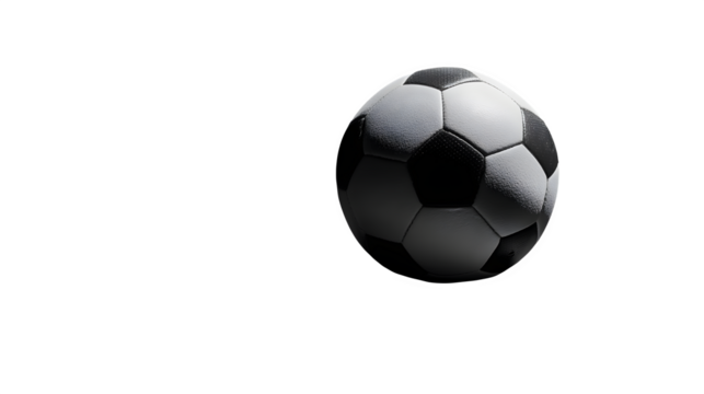 Black and white soccer ball resting on a black surface under spotlight --ar 16:9 --v 7.0