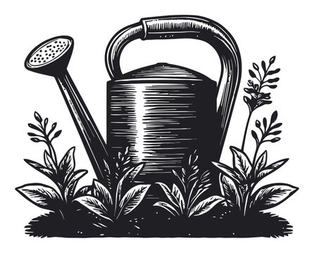 black and white watering can in garden clip art preview