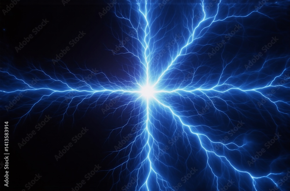 Poster intense blue electrical energy bursts from a central point, branching outwards in a mesmerizing disp