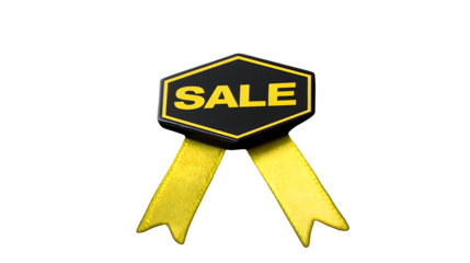 Black hexagonal badge with a yellow ribbon and "SALE" text, shown on a black background --ar 16:9 --v 7.0