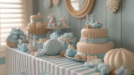 Serene pastel dessert arrangement with cake and decorative elements in studio setting