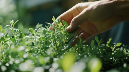 Gardener trimming shrubs in a home garden. Featuring plant care and trimming techniques