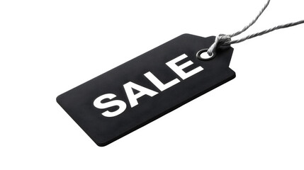 Black sale tag with white lettering and string, isolated on transparent or white background, studio lighting --ar 16:9 --v 7.0