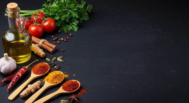 Food background. Top view of olive oil, cherry tomato, herbs and spices on rustic black slate. Colorful food ingredients border.