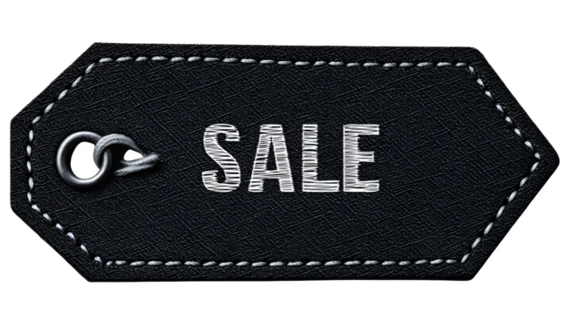 Black tag with stitched edges and SALE in white text, isolated on white or transparent background --ar 16:9 --v 7.0 - Powered by Adobe