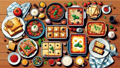 Obraz premium Buffet food lasagna italian food digital illustration pixel art style concept 