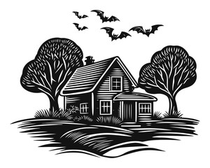 Black and White Woodcut Style Haunted House with Bats Flying