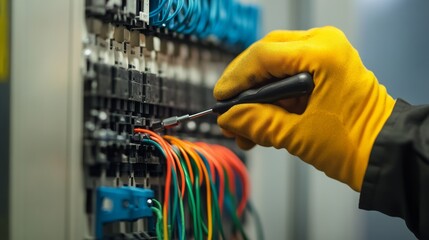 Industrial electrician tightening connections on a control panel inside a factory. Featuring precision and safety