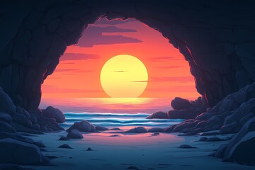 Digital Art of Vibrant Sunset Beach with Rocks and Waves: Serene Vacation Landscape
