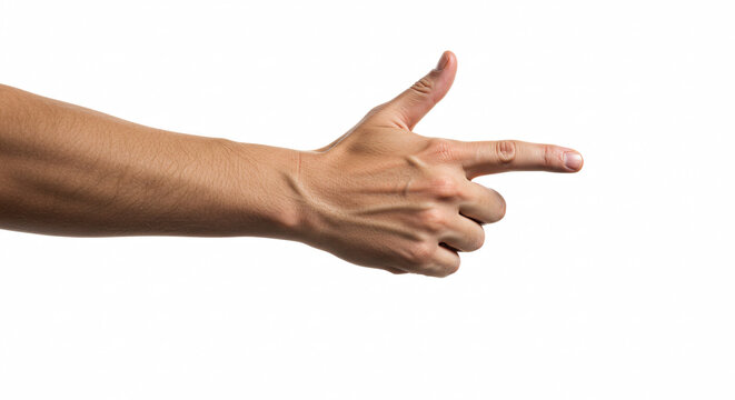 Hand Gesture: A male hand model displays a gun gesture against a white background. This image is ideal for various projects needing a clear and simple hand gesture.