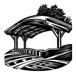 Naklejka premium Detailed Woodcut Design of a Rustic Covered Bridge Scene