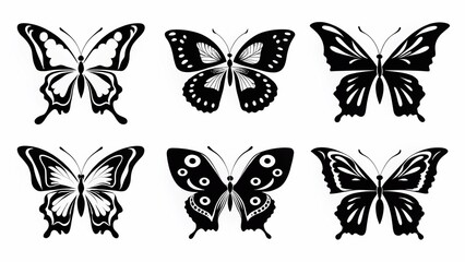 Set of  Black Silhouette Butterflies with Symmetrical Wing Patterns – Flat 2D Vector Style

