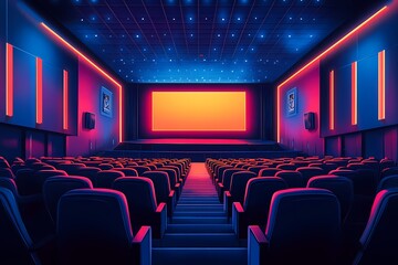 Obraz premium Modern Cinema Theater: Vibrant Seating, Cutting-Edge Projection & Artistic Lighting in a Contemporary Entertainment Venue