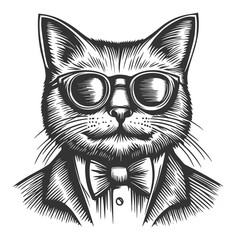 Classy Cat Illustration with Sunglasses and Bow Tie in Woodcut Style