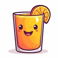 Obraz premium Refreshing Cartoon Orange Juice Character with Smile & Fruit Slice - Cute and Cheerful Beverage Illustration in Vibrant Colors for Summer