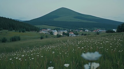 Serene Sunrise Over Mountain Meadows with Blooming Flowers