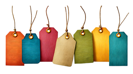 Clothing tags with sizes and prices attached isolated on transparent background --ar 16:9 --v 7.0