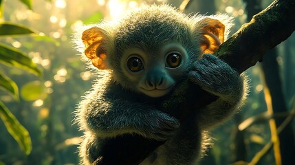 Fototapeta premium Adorable baby primate clinging to branch in lush forest