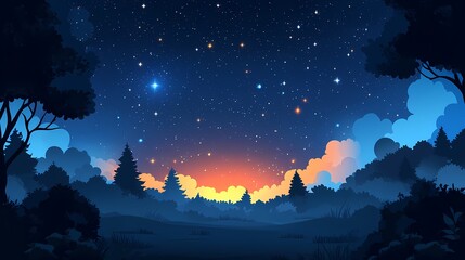 Naklejka premium Starry Night Sky: Digital Art of a Serene Forest Silhouette and Cosmic Backdrop