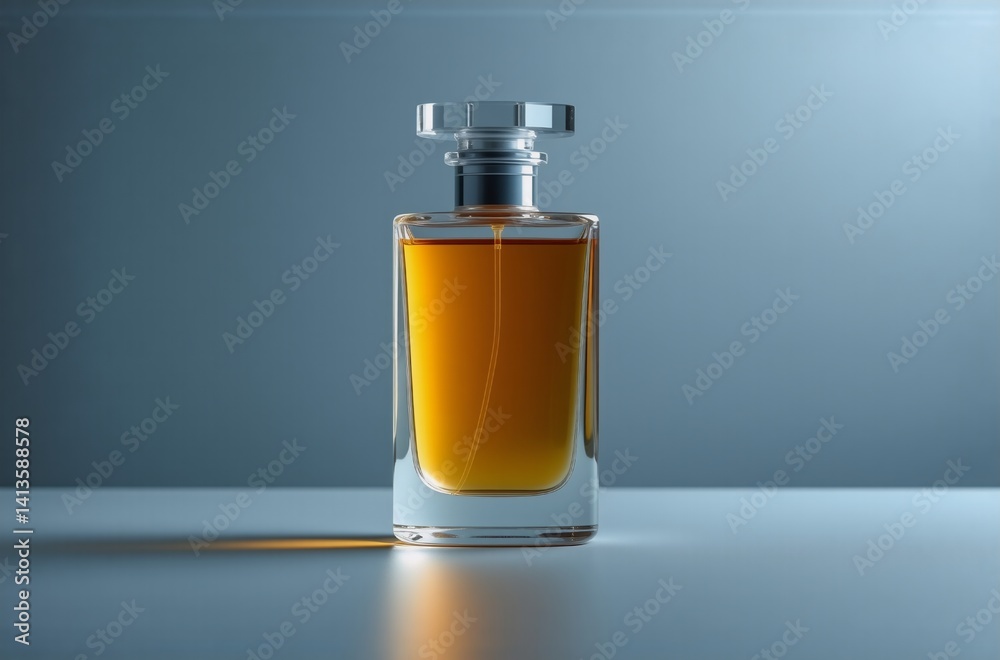 Poster elegant amber perfume in a clear glass bottle with a multifaceted cap, sits on a reflective surface 