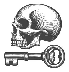 Naklejka premium Detailed Engraving of Skull and Key for Vintage Illustration Use