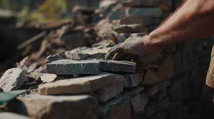 Obraz premium Mason building a stone wall for a new house. Featuring masonry and building foundations
