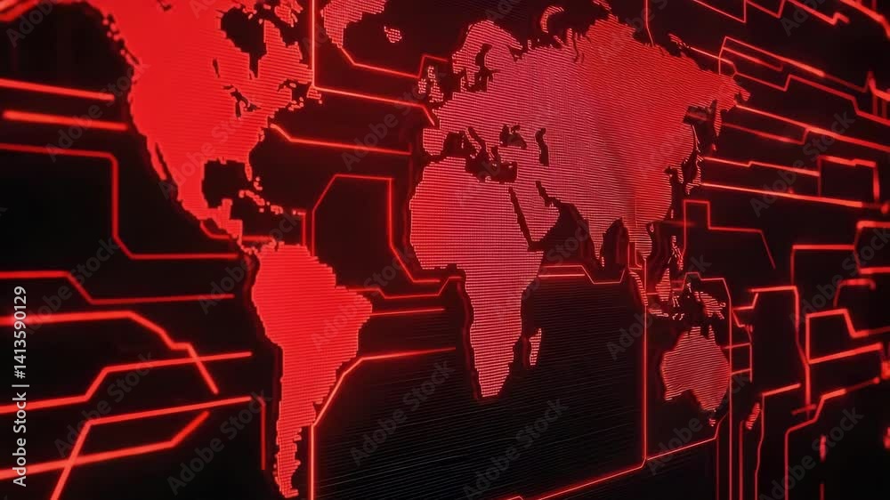 Poster Global Network Map with Red Digital Circuit Pattern