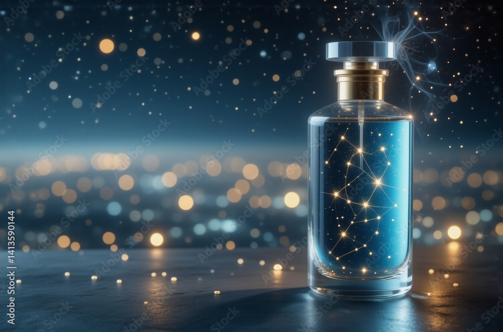 Poster a celestial perfume bottle, filled with a shimmering blue liquid, sits on a dark surface. glowing co