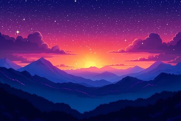 Vibrant Sunset over Serene Mountain Landscape: Colorful Digital Art with Peaceful Sky and Clouds