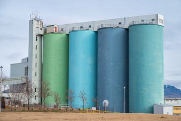 Colorful silos in the town of Akranes in Iceland