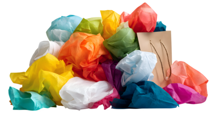 Gift bag spilling out colorful tissue paper isolated on transparent background --ar 16:9 --v 7.0