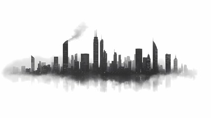 Naklejka premium Cityscape Skyline Silhouette of Modern Skyscrapers in Foggy Metropolitan Horizon - Abstract Urban Landscape Illustration