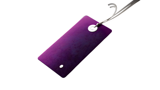 Glossy purple tag with a curled edge and white dot, set against a clean black background --ar 16:9 --v 7.0