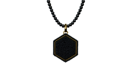 Gold-trimmed black hexagonal pendant on a black beaded chain, presented against a solid black backdrop --ar 16:9 --v 7.0