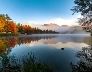 Fototapeta premium Foggy Morning Lake with Reflection – Stillness, calm, and peaceful vibes.