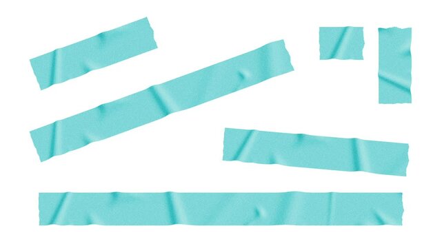 Blue washi tape animation pack. Six torn tape pieces with matte silhouette on white background 