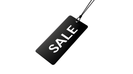 Hanging black sale tag with white SALE text, isolated on a transparent or white background --ar 16:9 --v 7.0