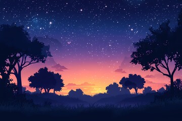 Serene Night Sky: Starry Landscape Illustration with Sunset Colors and Silhouette Trees