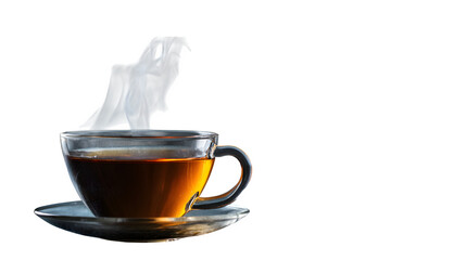 Naklejka premium High-resolution image of a steaming cup of black tea on a dark background --ar 16:9 --v 7.0