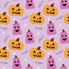 Fototapeta premium Fun Halloween pattern featuring colorful pumpkins with smiling faces and autumn leaves on a soft purple background, perfect for festive designs