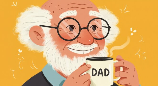 Elderly man with white beard and glasses holding a mug that says dad