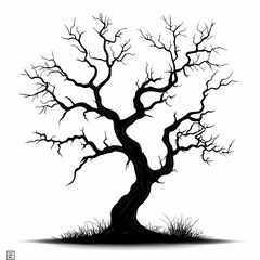 Eerie Black Silhouetted Tree Illustration: Spooky Leafless Design with Twisted Branches