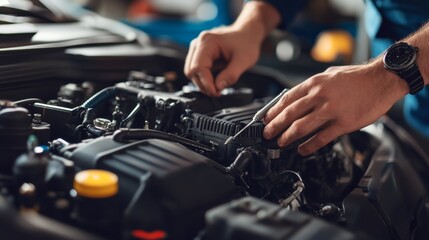 Mechanic inspecting a car engine in an auto shop. Featuring automotive diagnostics and engine repair