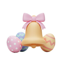 Easter bell and decorated eggs with pink bow holiday celebration