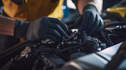 Mechanic inspecting a car engine in an auto shop. Featuring automotive diagnostics and engine repair